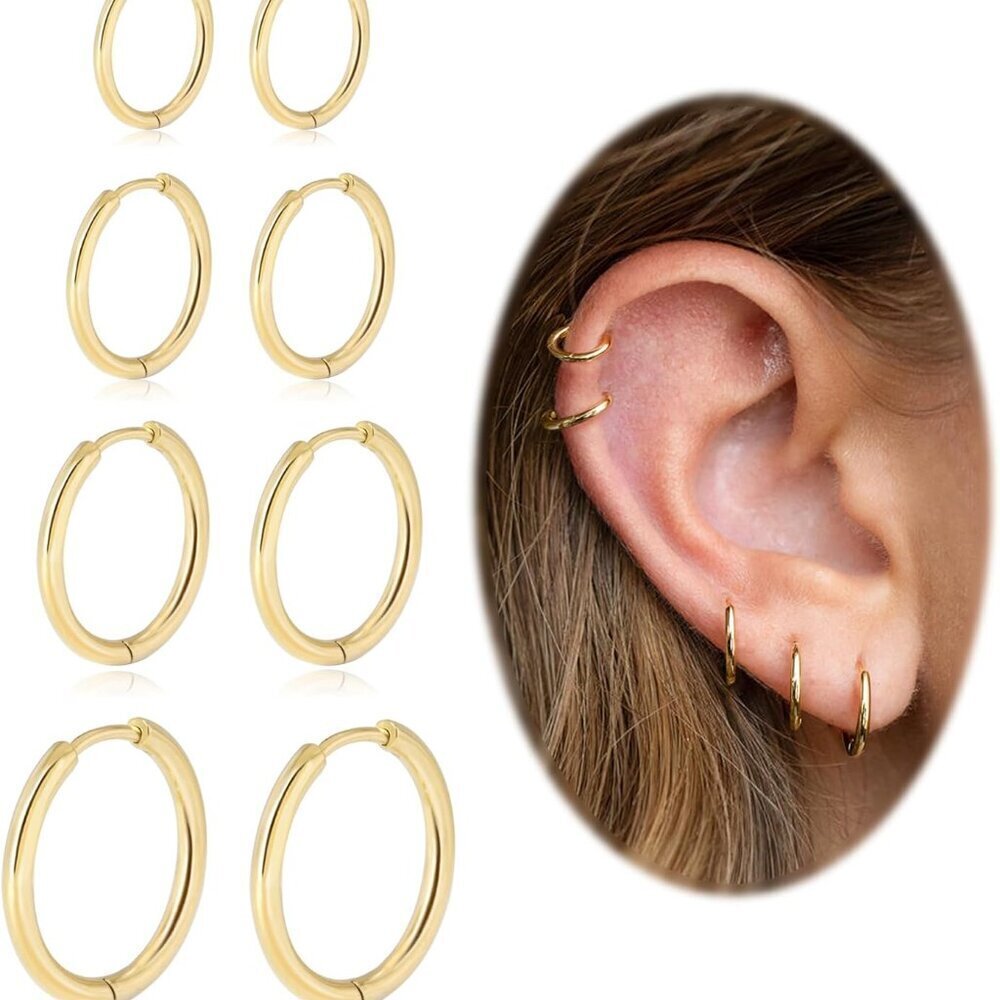 Gold stainless-steel small hoop earrings set with 4 sizes and hypoallergenic des